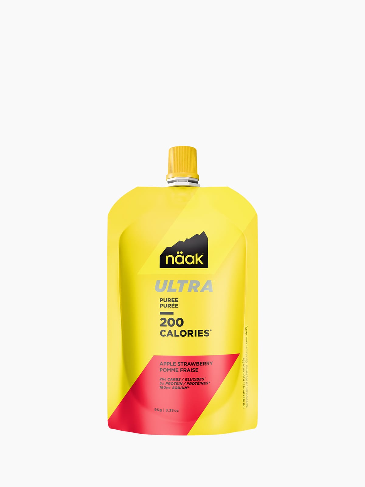 A yellow Naak Ultra sports drink pouch with a red and yellow diagonal design on the bottom left, featuring the Naak brand logo and '200 CALORIES' text, on a plain white background.